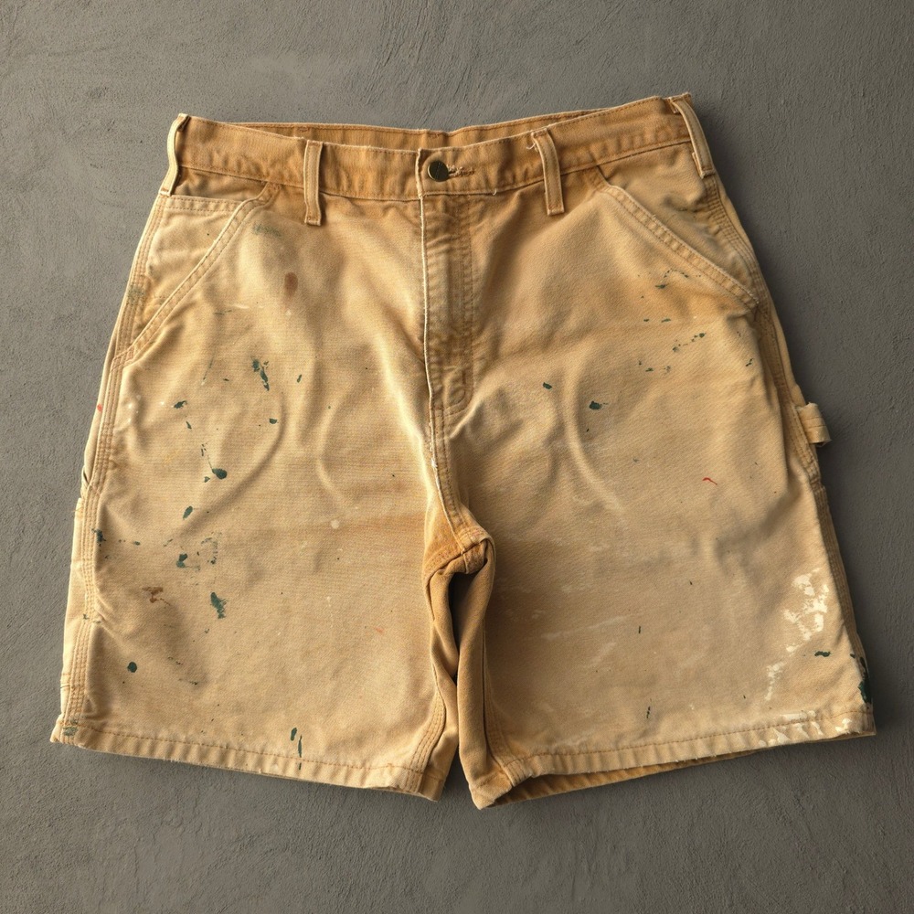 Vintage 2000s Carhartt Tan Carpenter Shorts Size 31 Distressed Paint Splatter